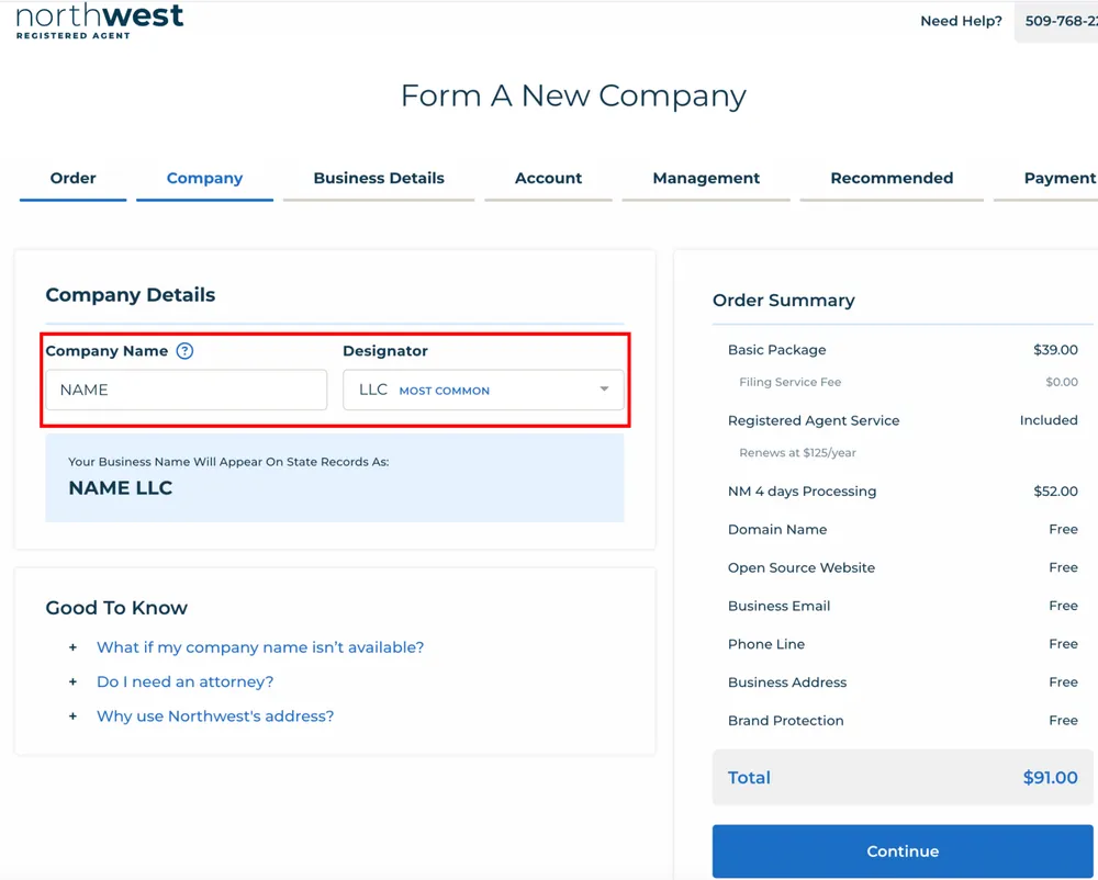 Entering the LLC business name in the formation portal