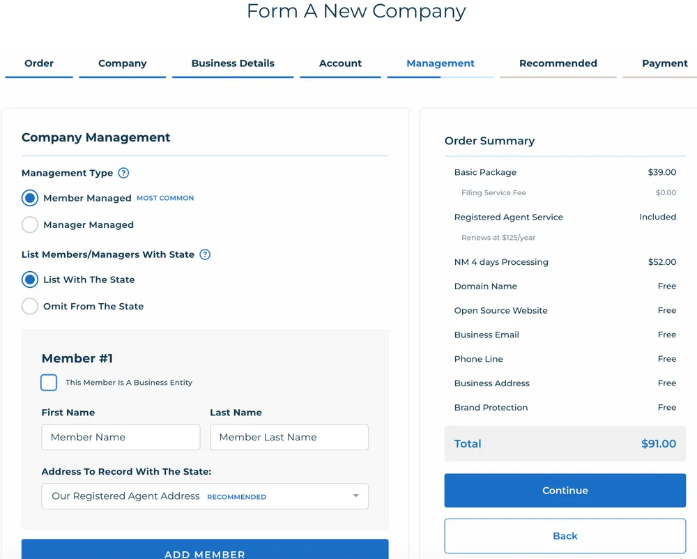 Setting the LLC to Member Managed and entering ownership details