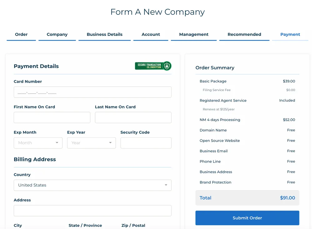 Final checkout and payment screen for the LLC formation